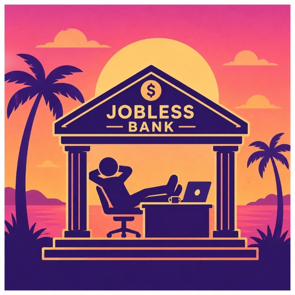 Jobless Bank — a tropical bank at sunset with someone kicked back at a desk
